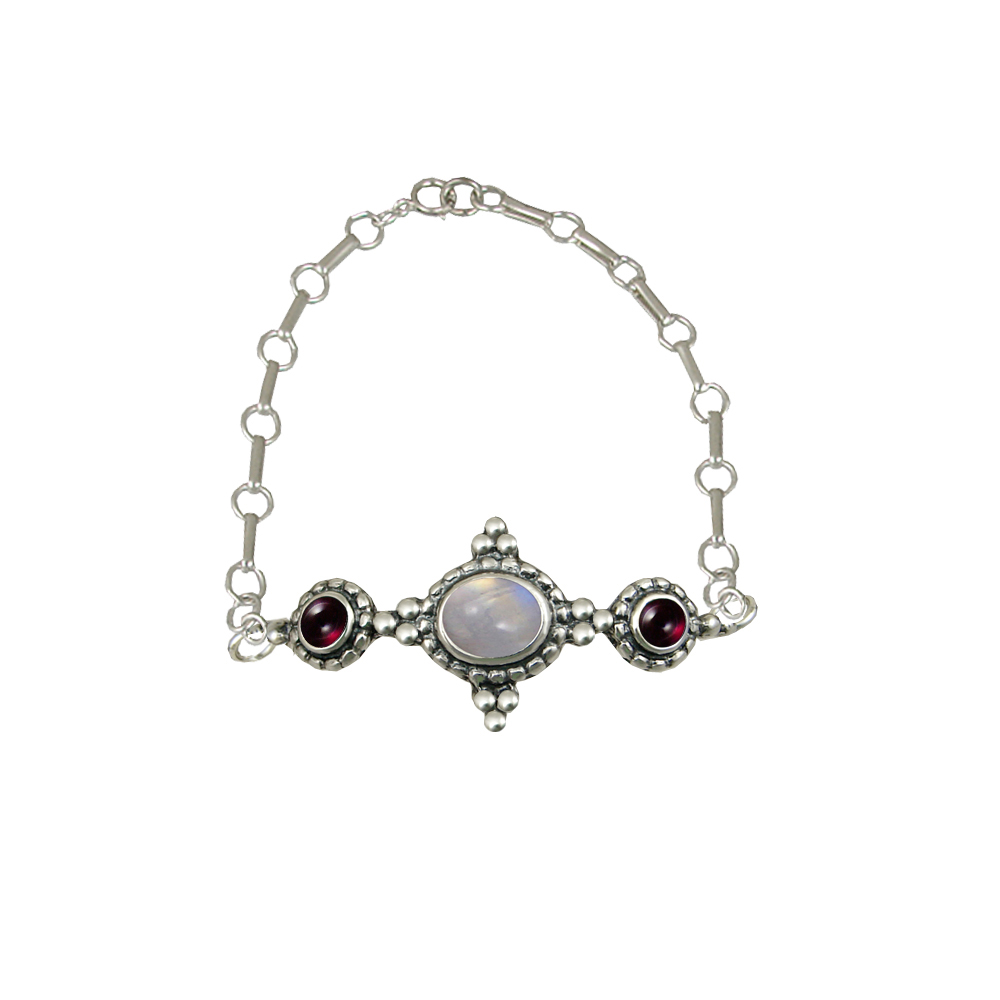 Sterling Silver Gemstone Adjustable Chain Bracelet With Rainbow Moonstone And Garnet